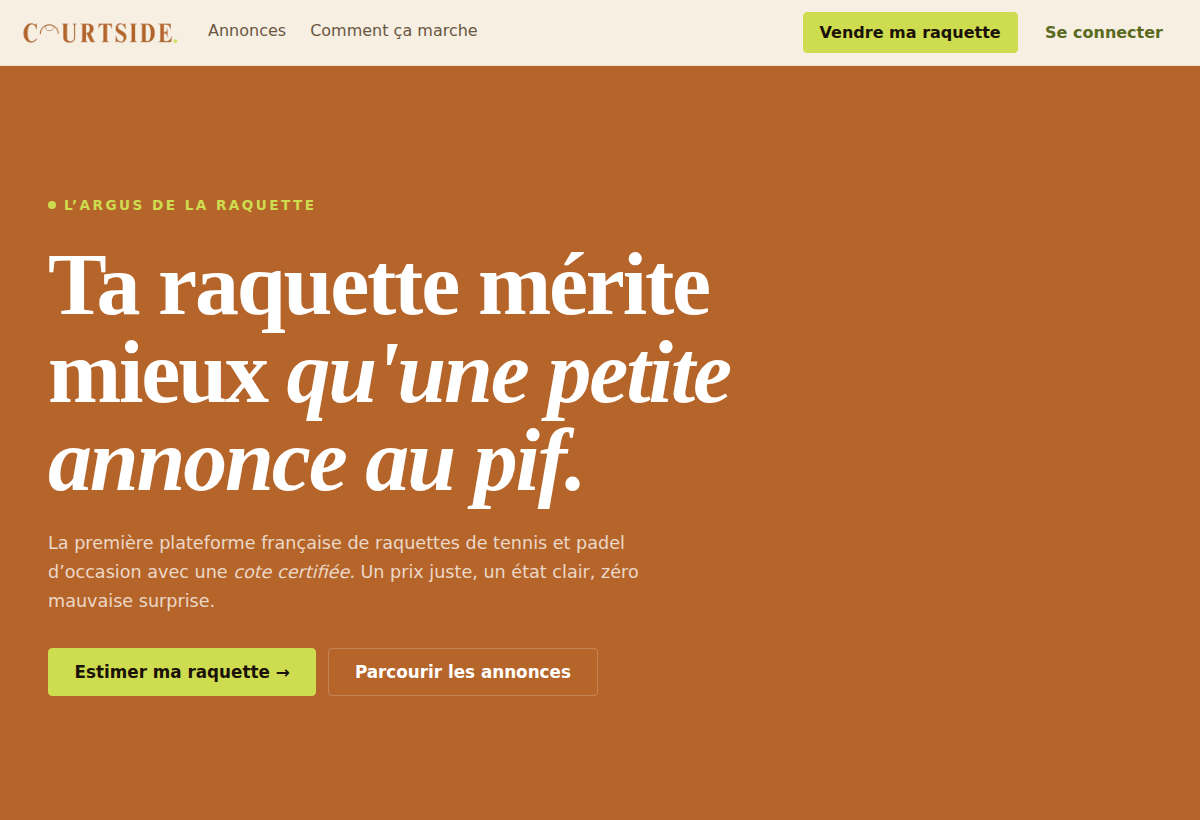 Aperçu de Court-Side, plateforme de raquettes de tennis et padel d’occasion