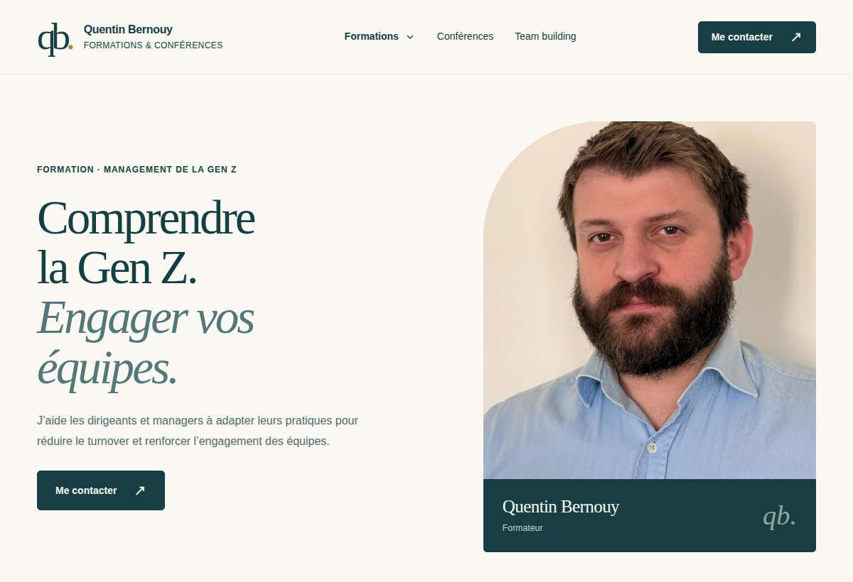Aperçu du site de Quentin Bernouy avec son portrait et ses offres de formation